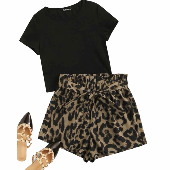 SHEIN Other - Sold!  NWOT Crop Tee and Belted Leopard Shorts Set